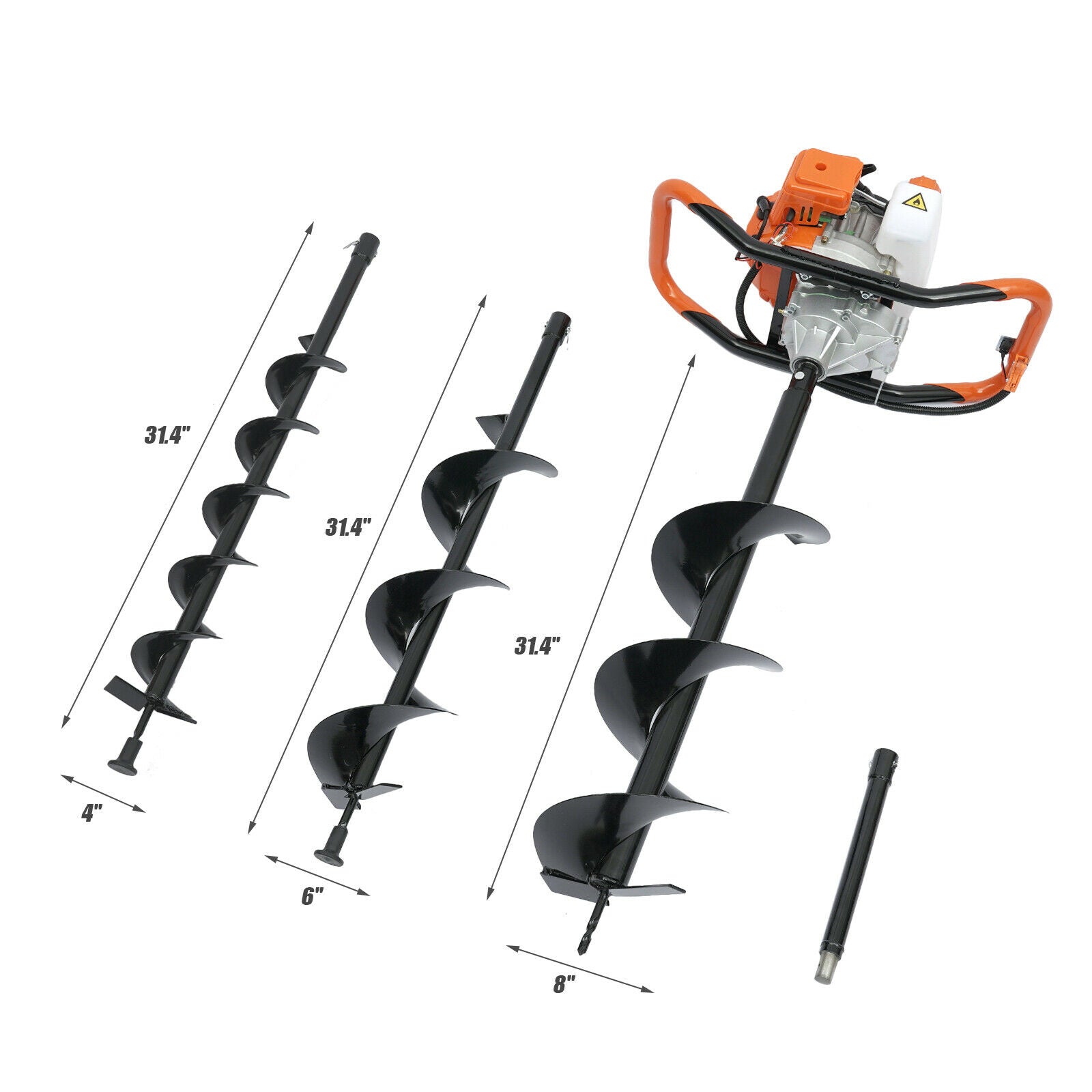 52cc Gas Powered Earth Auger Post Hole Digger Borer Fence Ground Drill 4"/ 6"/ 8" Bits Petrol Auger Set Post Auger Single Cylinder