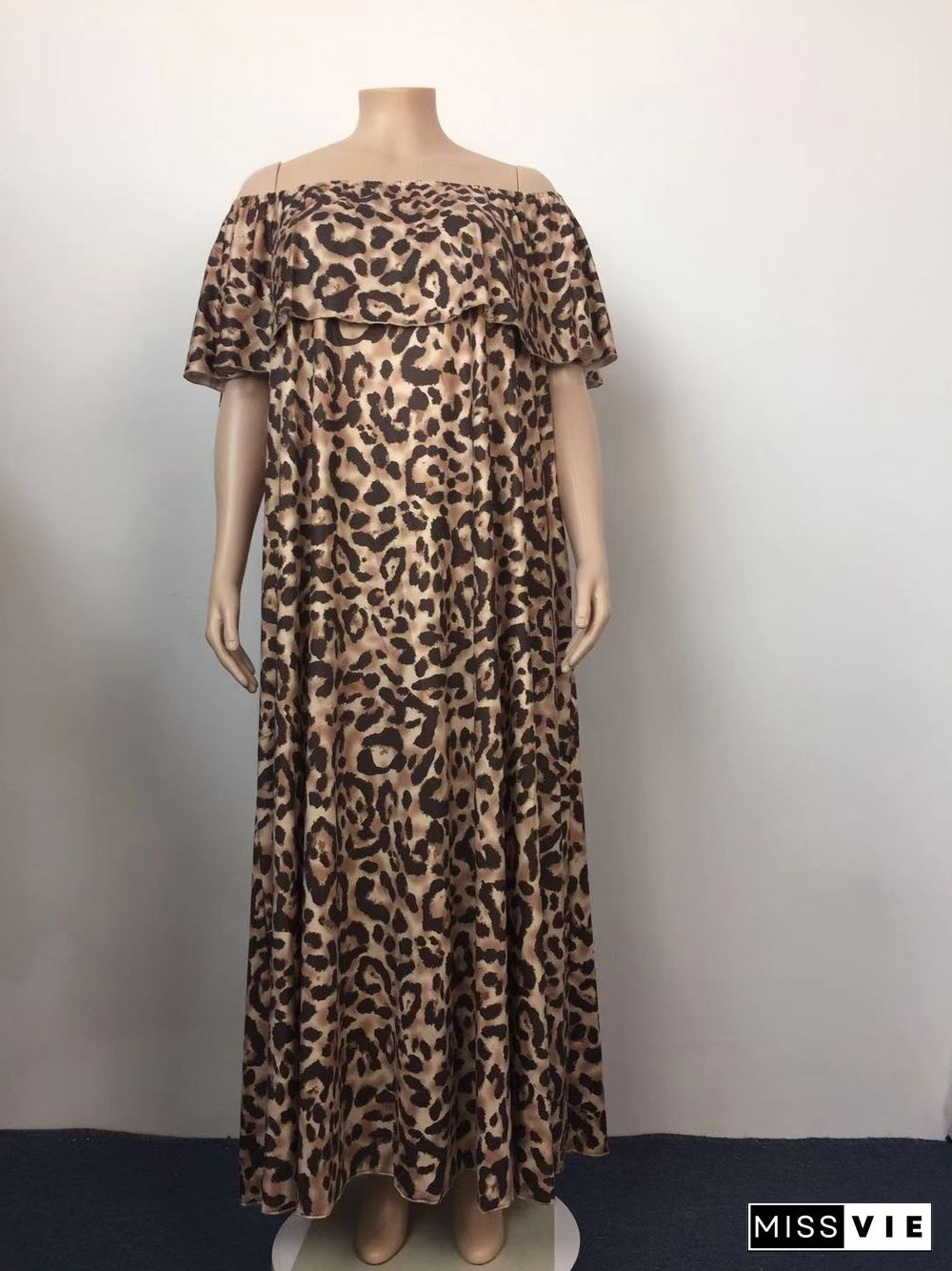 Plus Size Summer Leopard Print Off The Shoulder Short Sleeve Loose Party Club Holiday Maxi Long Dresses