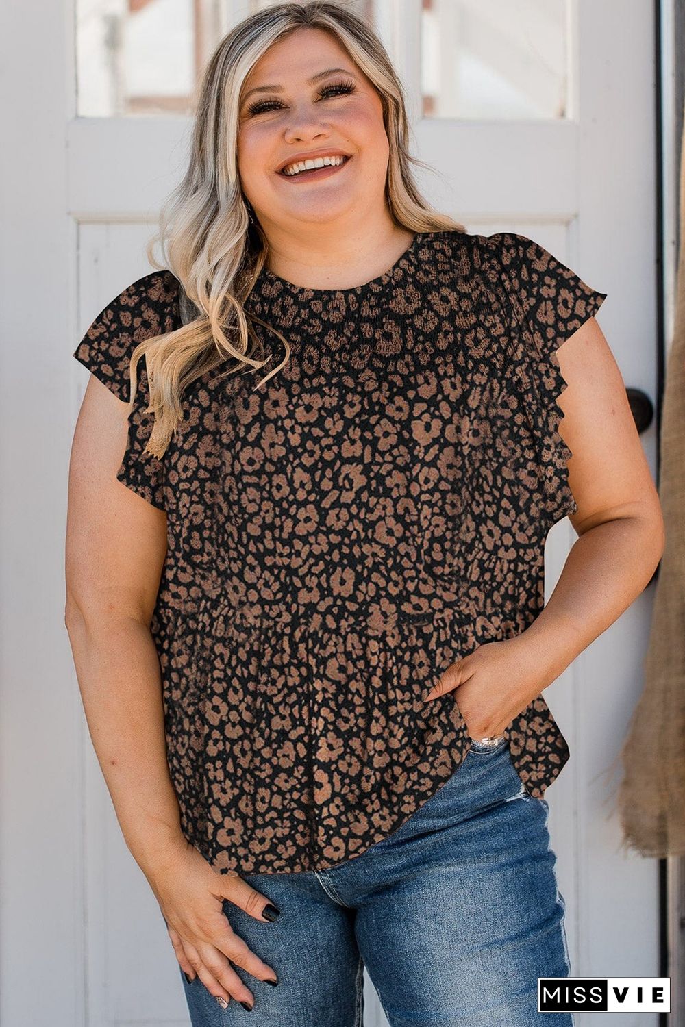 Black Plus Size Smocked Floral Blouse