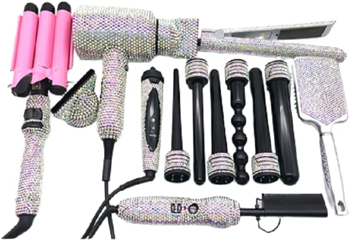 Diamond Hair Curler Ceramic Curling Iron Styling Tools Set Bling Hair Straightener Hot Comb Set (Clear AB)