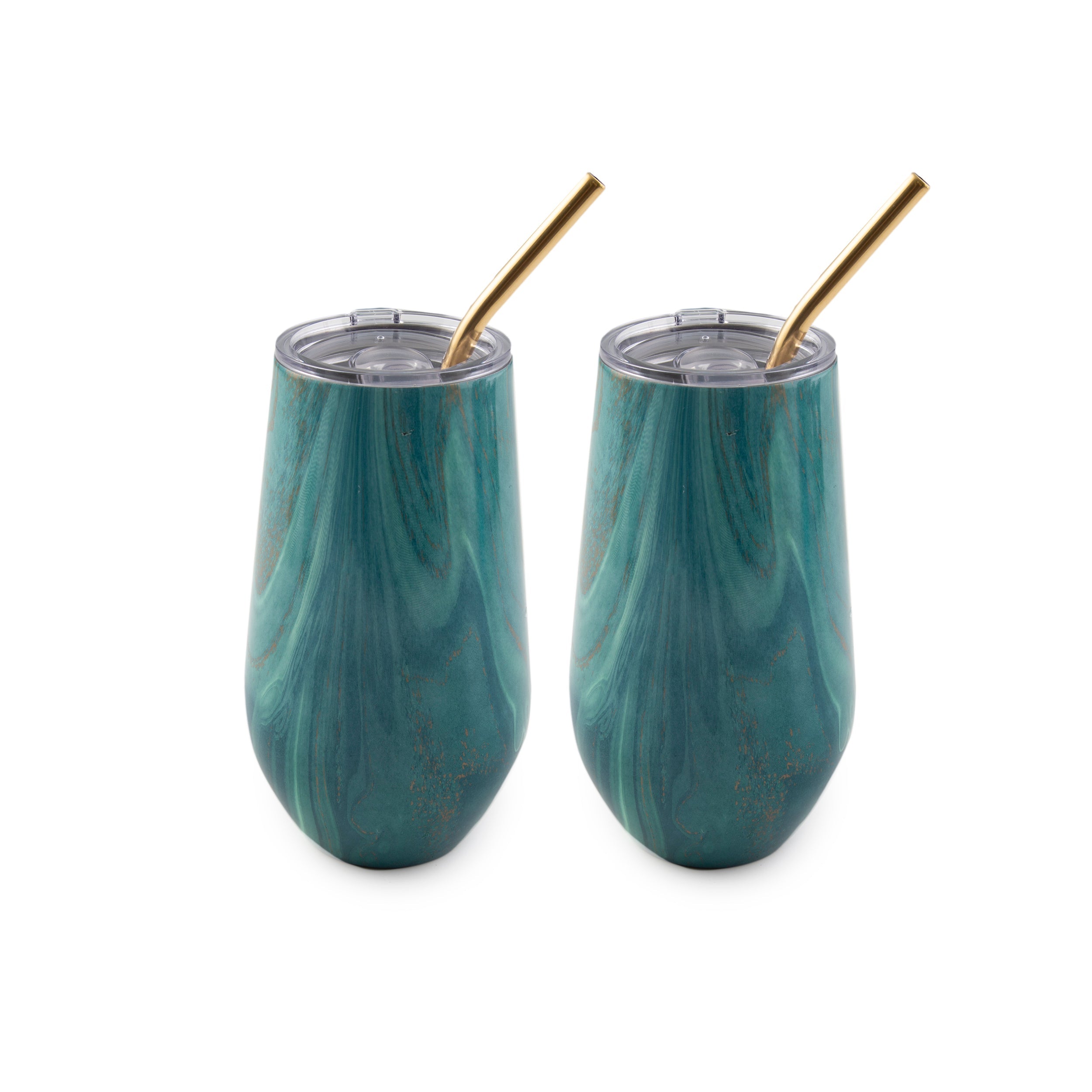 16 Oz Green Geo Tumblers With Straws, Set Of 2