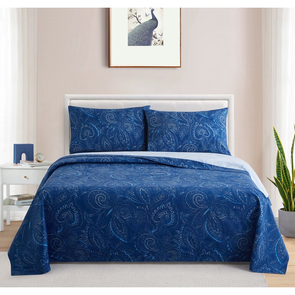 Marina Decoration Printed 600 Thread Count Soft Deep Pocket Cotton Blend Percale Bedding Sheet Set  Navy Blue Paisley