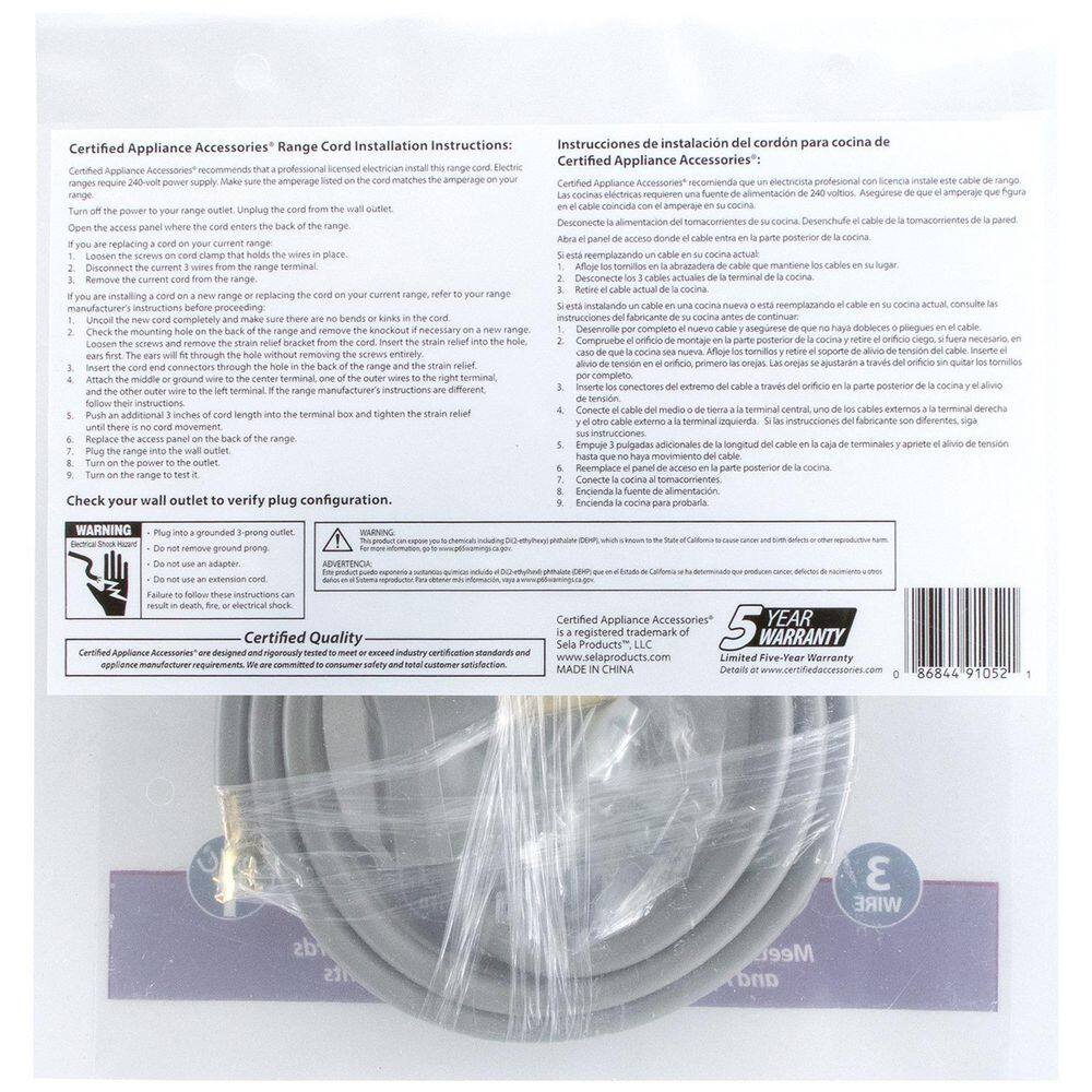 CERTIFIED APPLIANCE ACCESSORIES 5 ft. 83 3-Wire Open-End-Connector 40-Amp Range Cord 90-1052