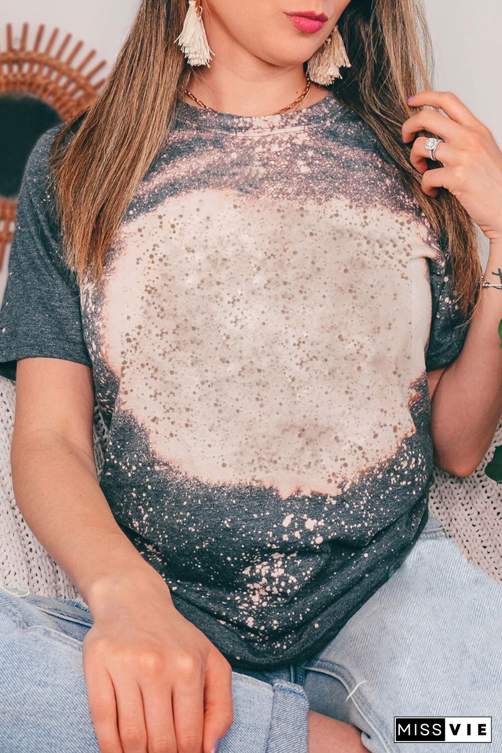 Black Plus Size Bleached Tie-dye Print T-shirt