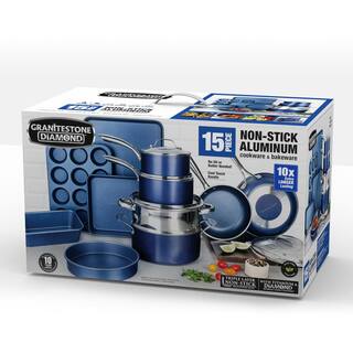 GRANITESTONE Classic Blue 15-Piece Aluminum Ultra-Durable Non-Stick Diamond Infused Cookware and Bakeware Set 7522