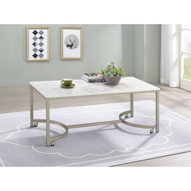 Leona Coffee Table Faux White Marble satin Nickel Coaster