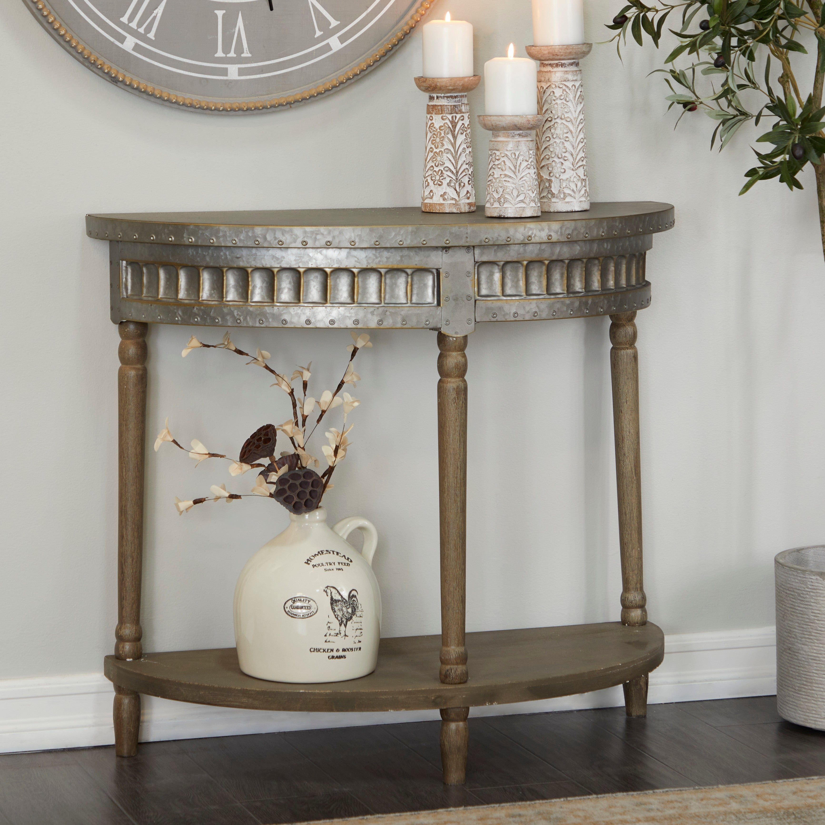 Beige Wood and Iron Metal Half Moon Farmhouse Console Table