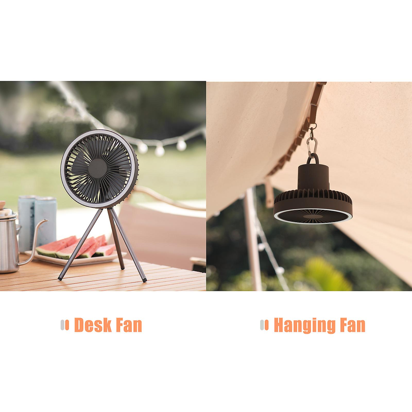 Grey 7 Inch Led Hanging Fan With Tripod Usb Camping Lights With Fan Portable Desk Fan 3 Speeds and Brightness Led Ceiling Fan For Outdoor Camping Office