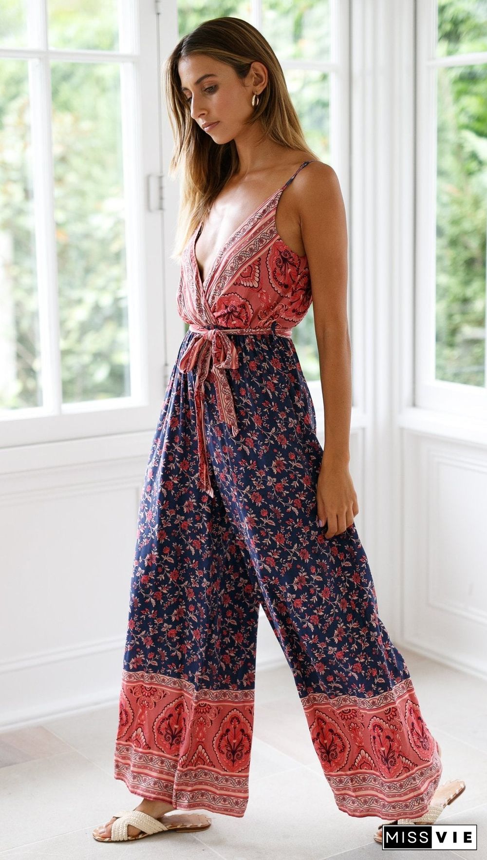 Boho Navy Floral Surplice Jumpsuit