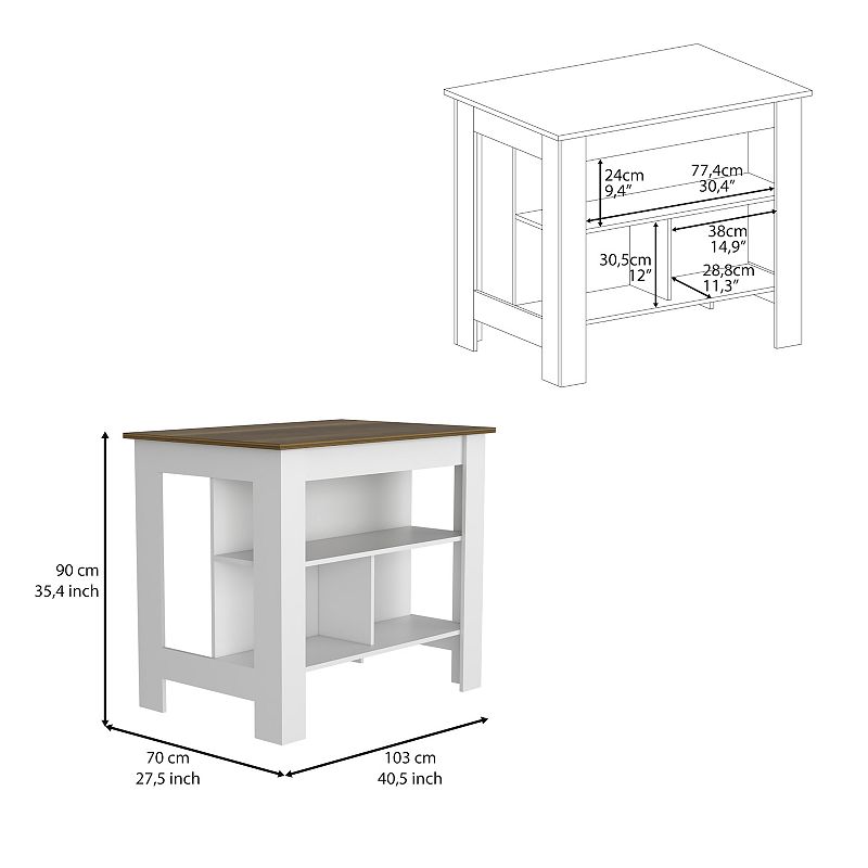 DEPOT E-SHOP Delos Kitchen Island， Four Legs， Three Shelves， White / Walnut