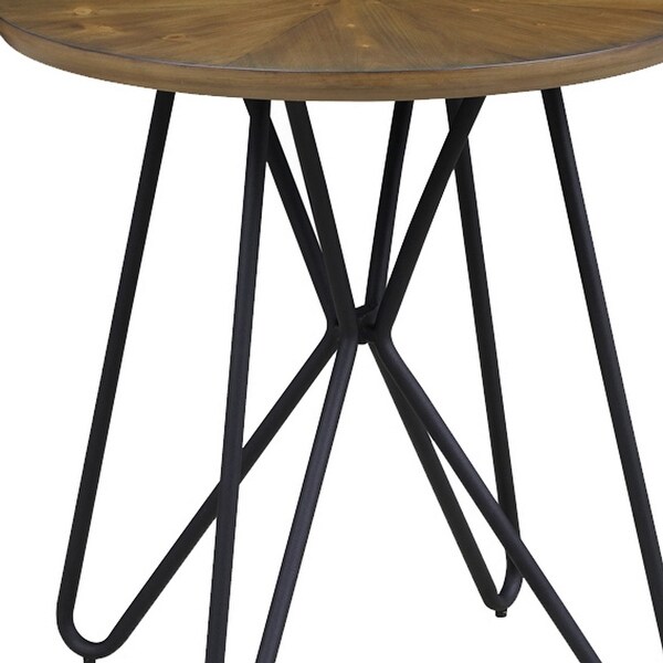 Dual Tone Round Wooden End Table with Metal Hairpin Legs， Brown and Black