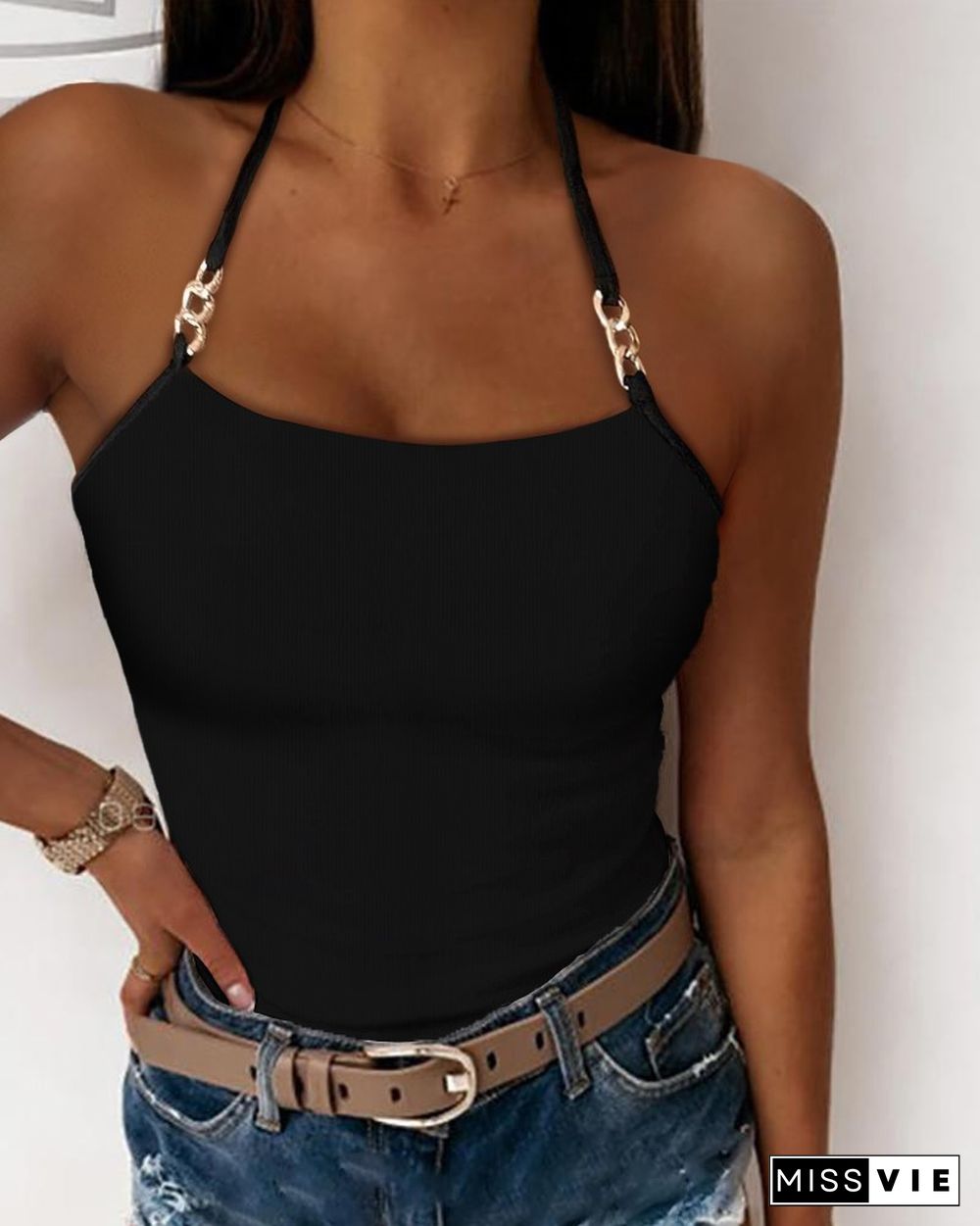 Chain Decoration Halter Tank Top