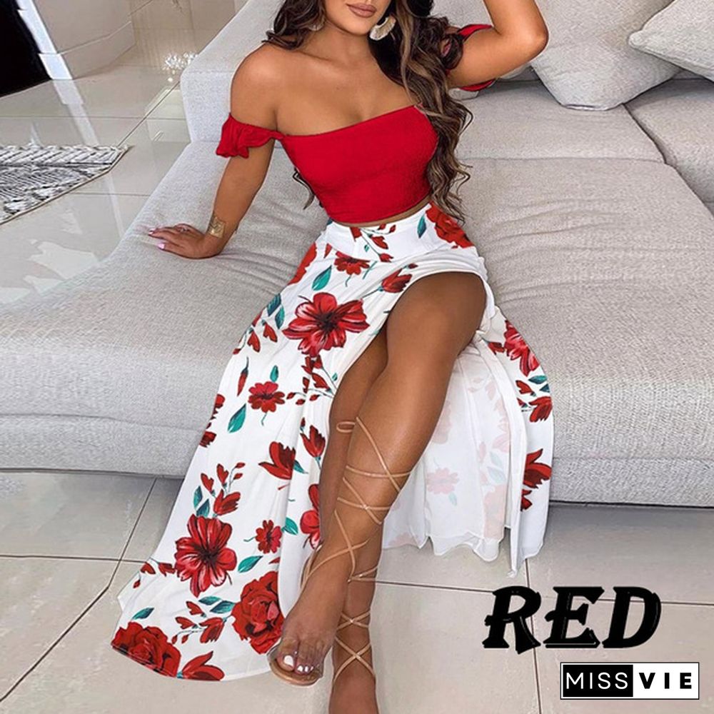 New Women's Sexy Tube Top Print Dress Split Long Skirt Summer Off-Shoulder Beach Dress Mini Skirt Set Plus Size