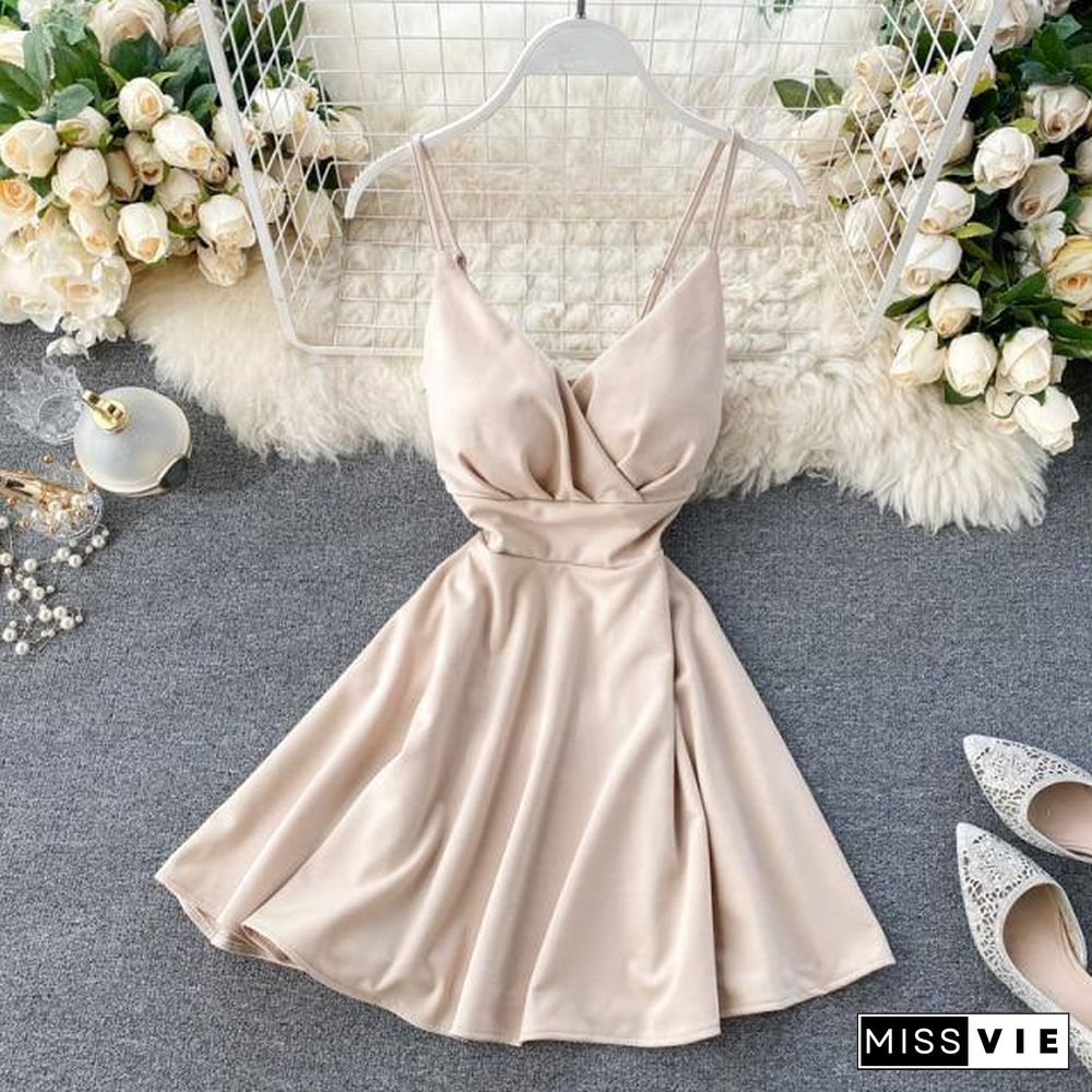 Women A-line Sexy Dress V-Neck Spaghetti Strap Backless Mini Dresses Soild Color Vestidos Slim Trend High Waist For Party