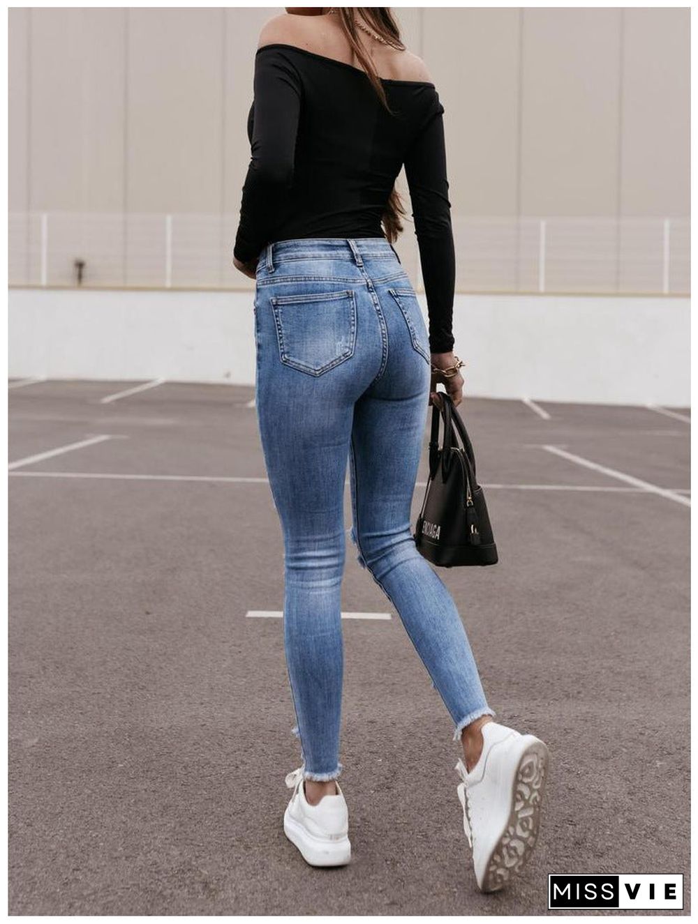 Casual Zip Up Ripped Skinny Destroyed Denim Jean Pants