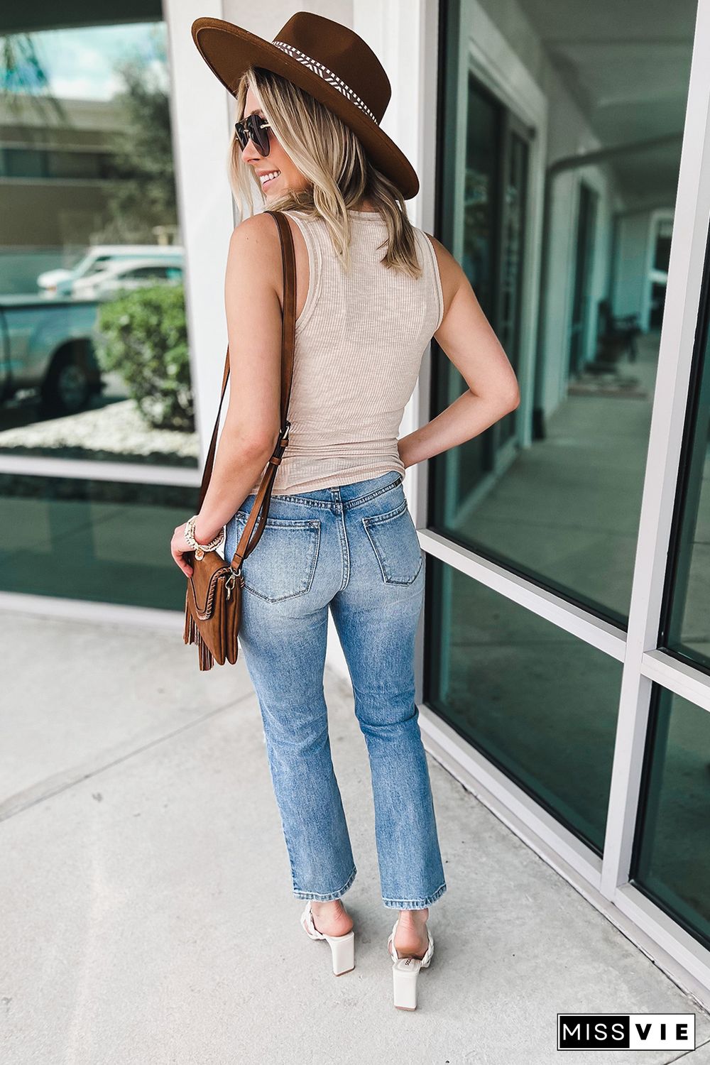 Blue Distressed High Waist Straight Leg Jeans