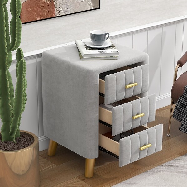 Modern Nightstand with 3 Drawers， Grey Velvet Upholstered Night Stand with Metal Handles， Grey - - 37970263