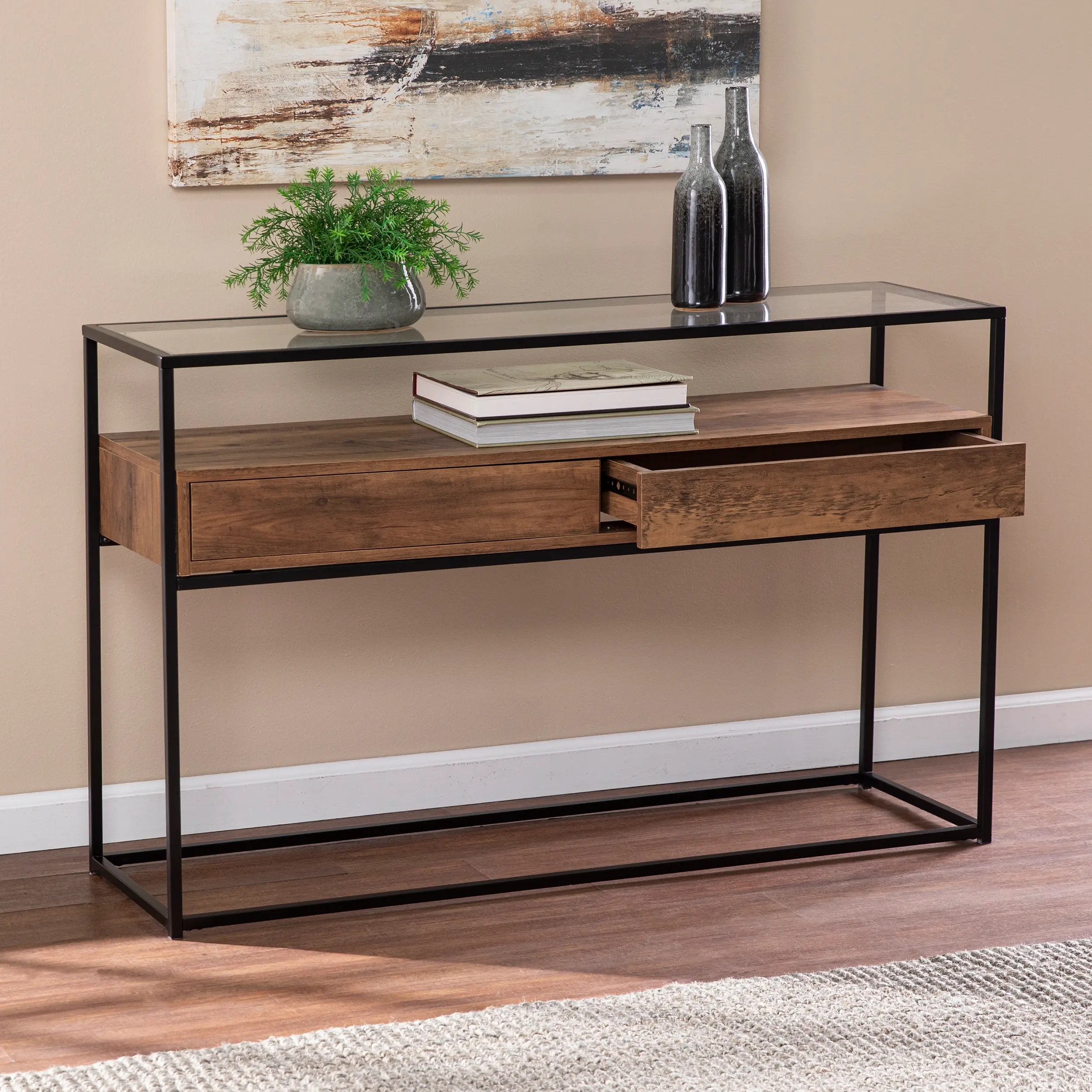 Olivern Glass-Top Industrial Console Table