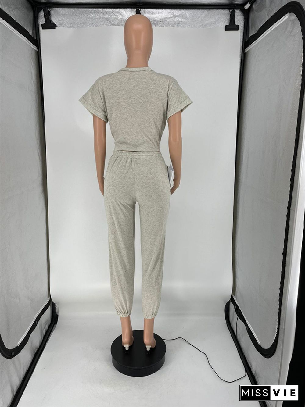 Tie Up Short Sleeve Crop Top+Hole Sweatpants Suit