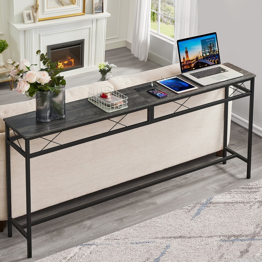 Javlergo Console Table with with Charging Station   USB Ports  Charcoal Gray