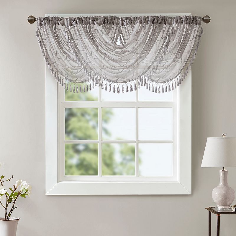 Madison Park Iris Diamond Sheer Embroidered Waterfall Window Valance