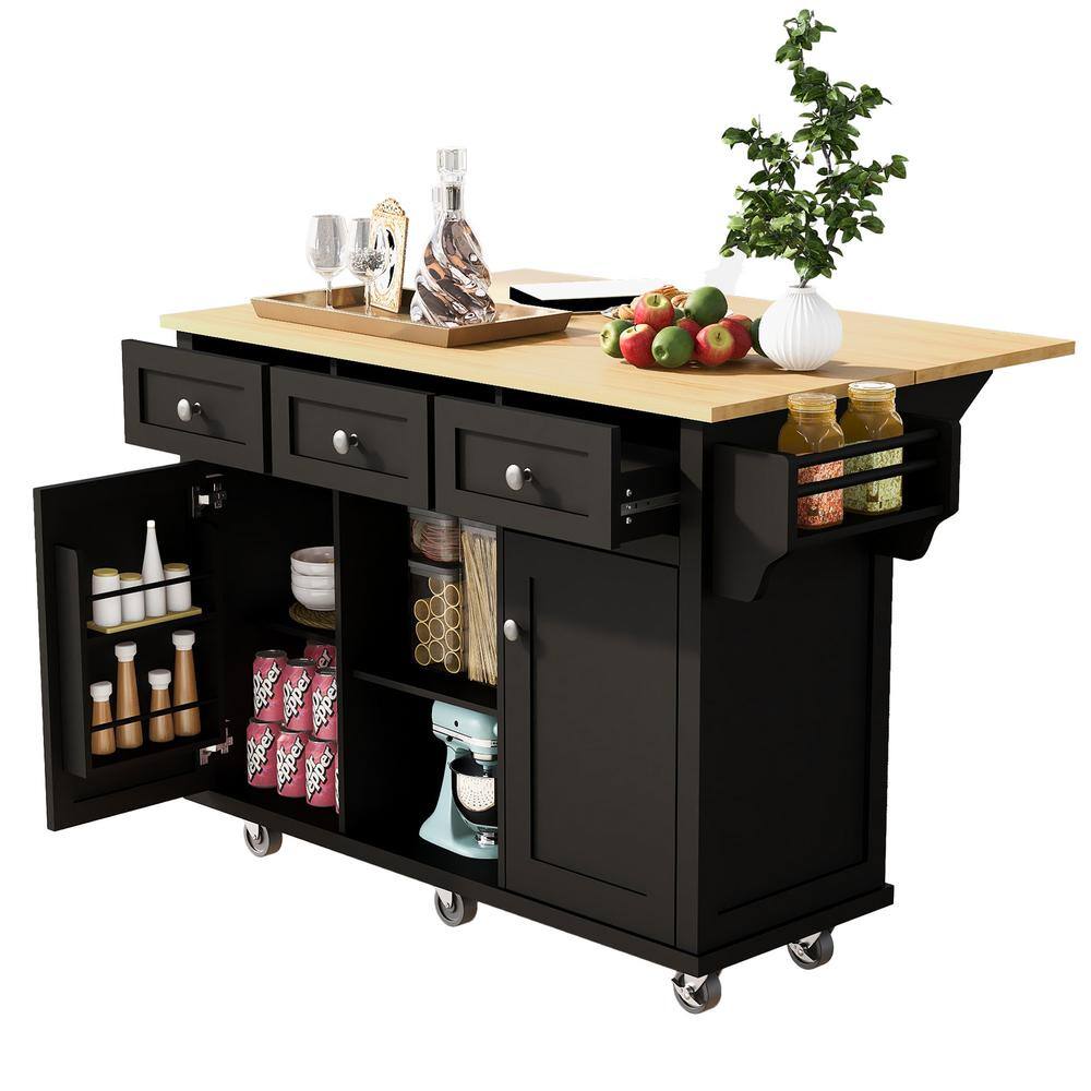 Zeus  Ruta Black Rubber wood 53 in. Kitchen Island Drop-Leaf Countertop Cabinet door internal storage racks 5-Wheels 3-Drawers XIN-UTPEZB1