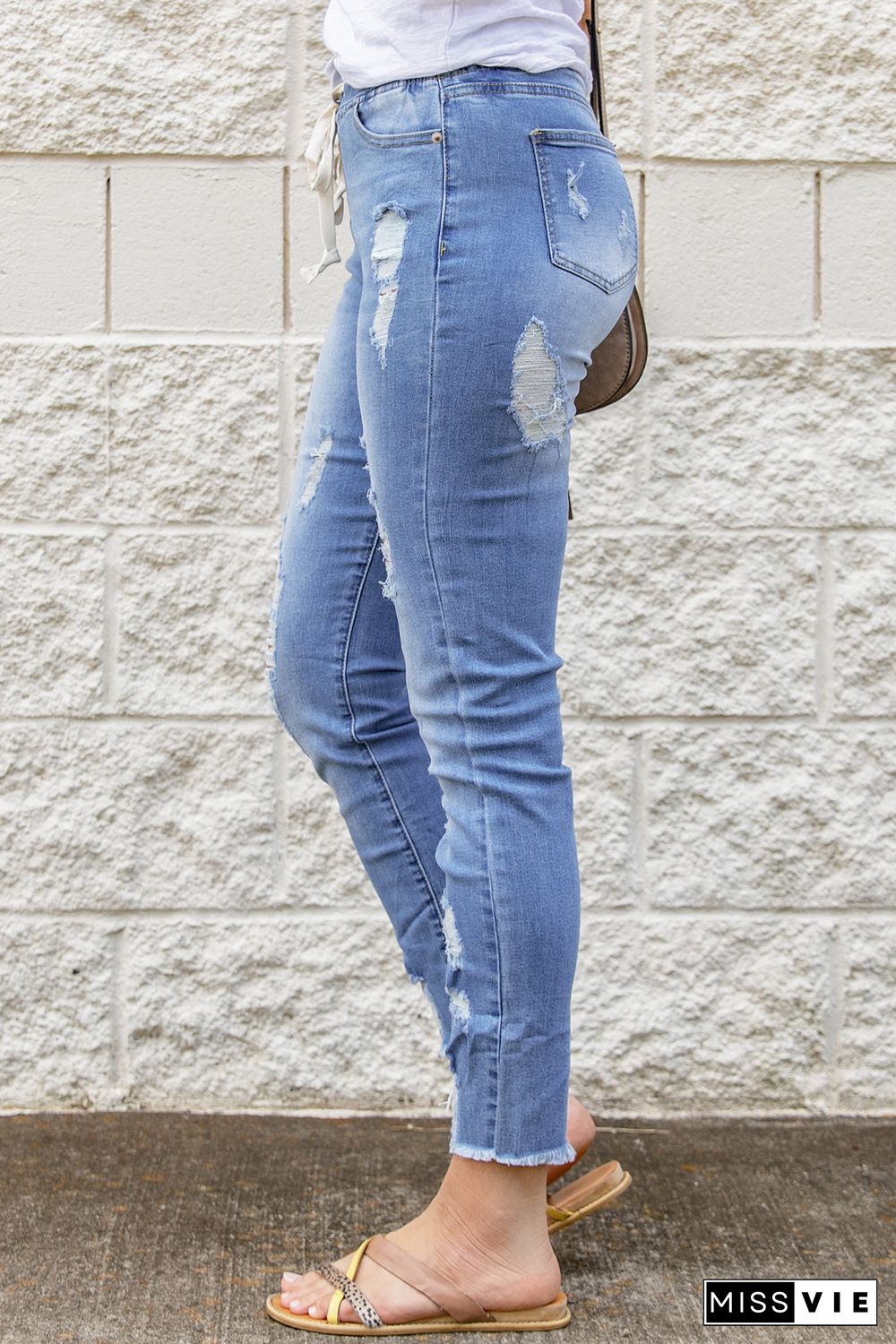 Sky Blue Drawstring Elastic Waist Hole Ripped Jeans