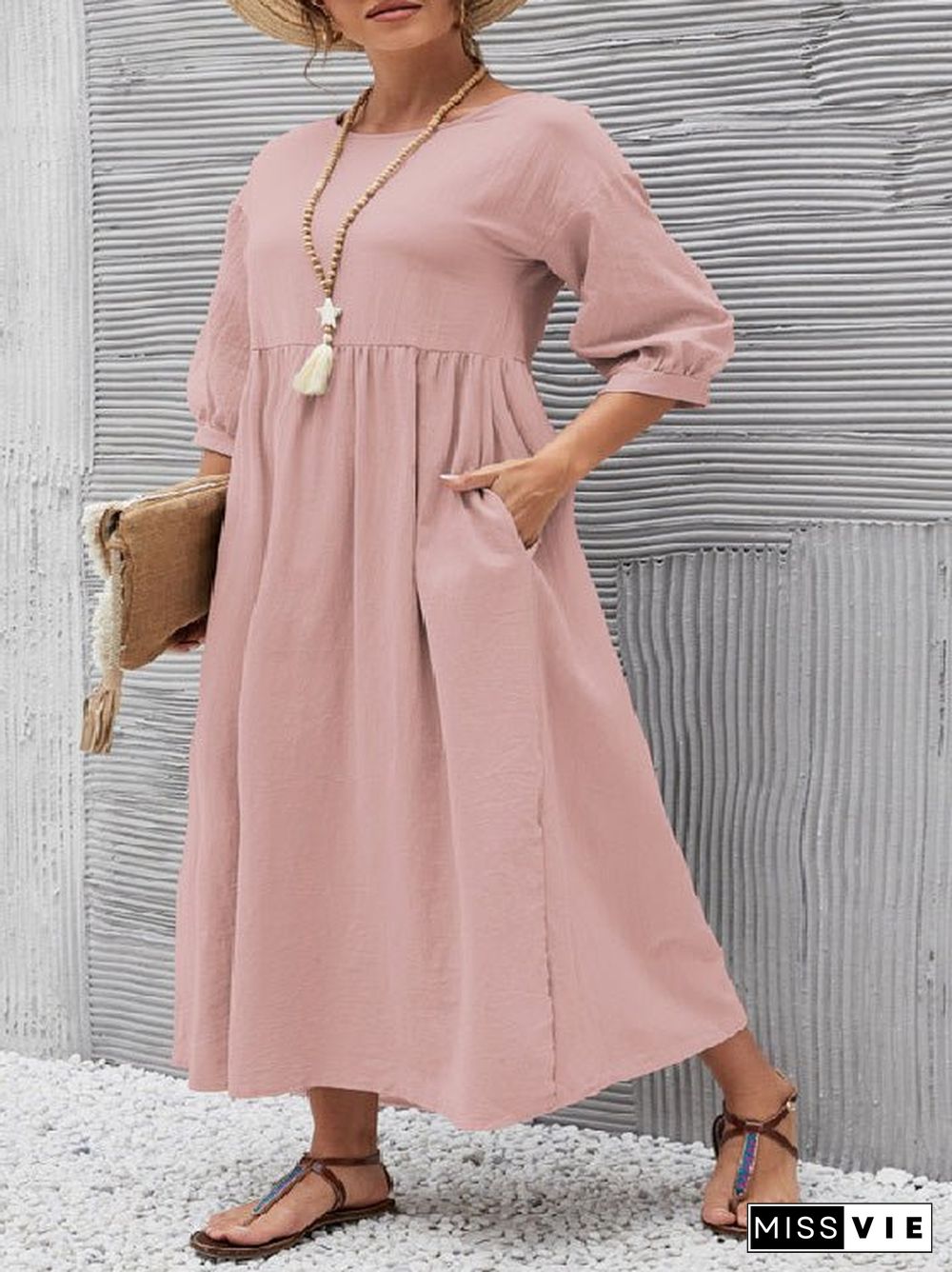 Women'S Dresses Solid Crew Neck Balloon Sleeve Pocket Dress