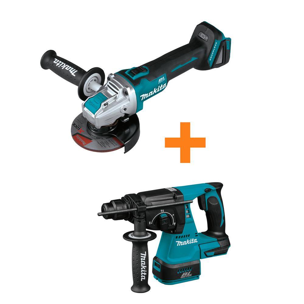 Makita 18V LXT Lithium-Ion Brushless 4-12 in.5 in. X-LOCK Angle Grinder with 18V LXT 1 in. Brushless Rotary Hammer Drill XAG25Z-XRH01Z