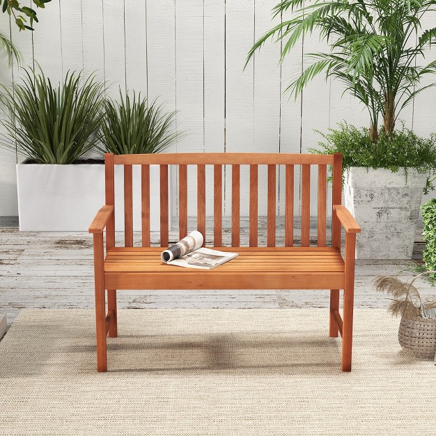 Tangkula Patio Wood Bench 2 seat Outdoor Bench W Cozy Armrests amp Backrest