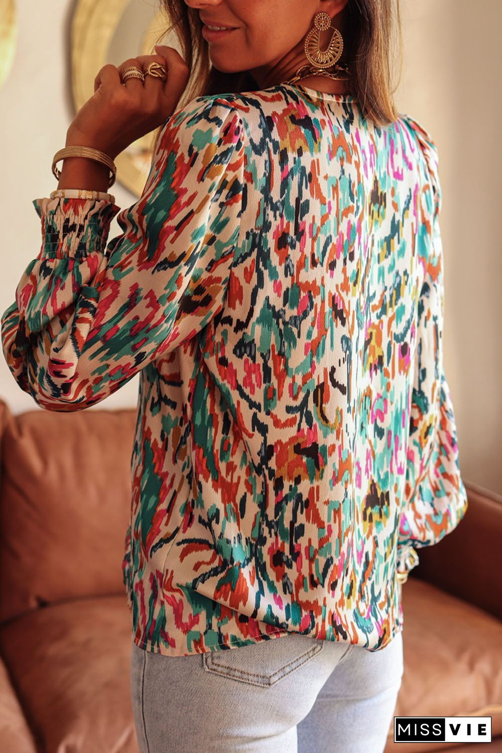 Multicolor V Neck Abstract Print Long Sleeve Shirt