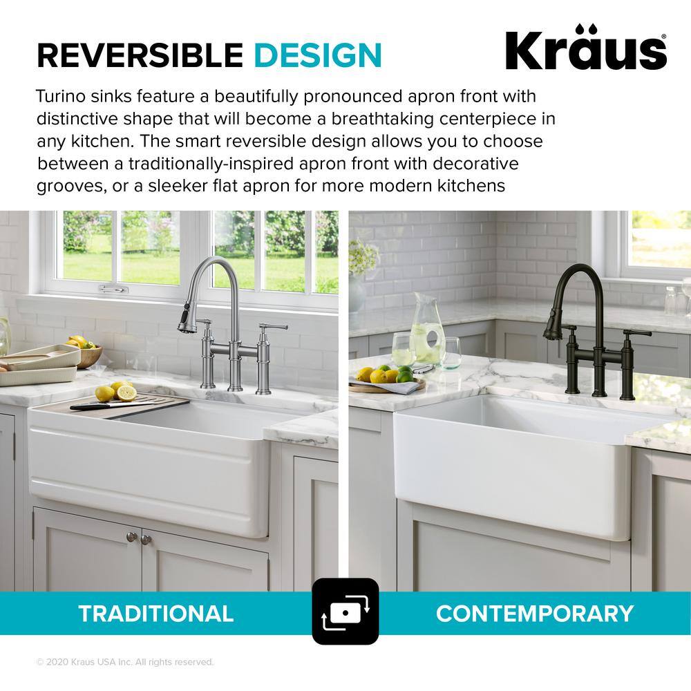 KRAUS Turino Gloss White Fireclay 33 in. Single Bowl Farmhouse Apron Workstation Kitchen Sink with Accessories KFR4-33GWH