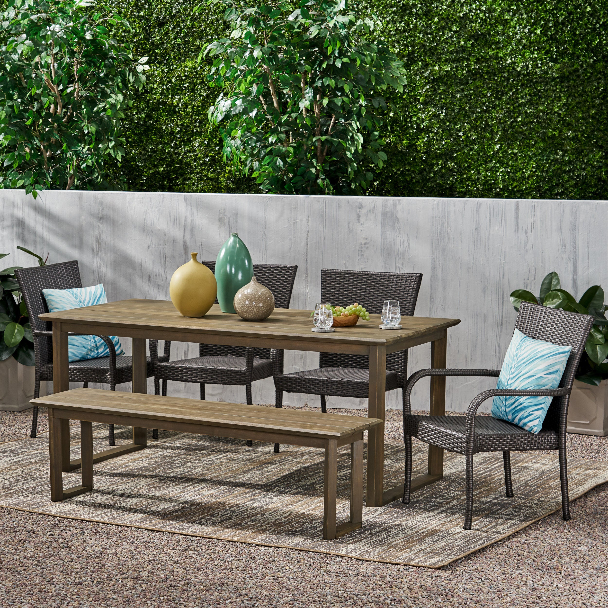 Conifer Outdoor Acacia Wood and Wicker 6 Piece Dining Set with Bench