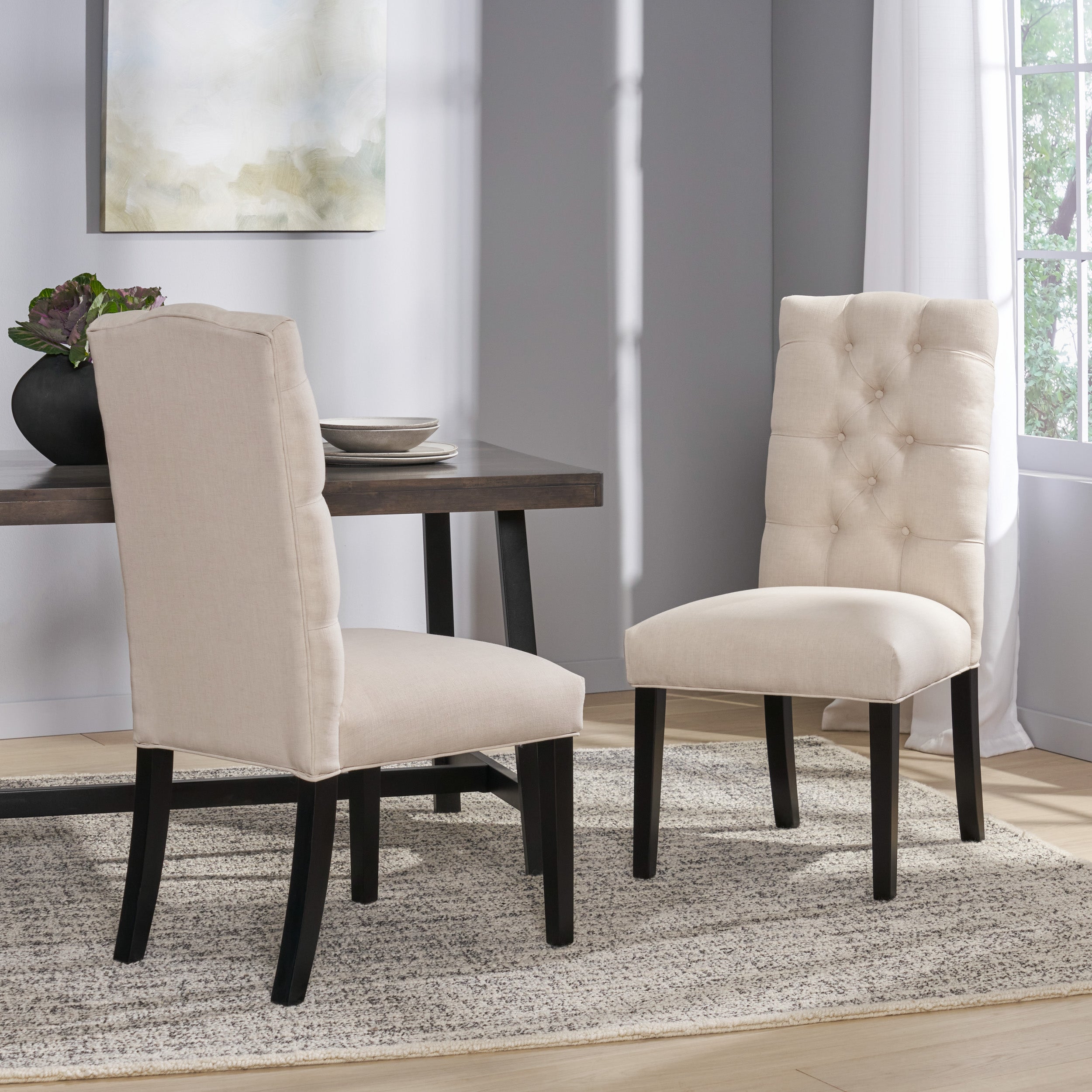 Prince Tufted Natural Plain Fabric Dining Chair (Set of 2)