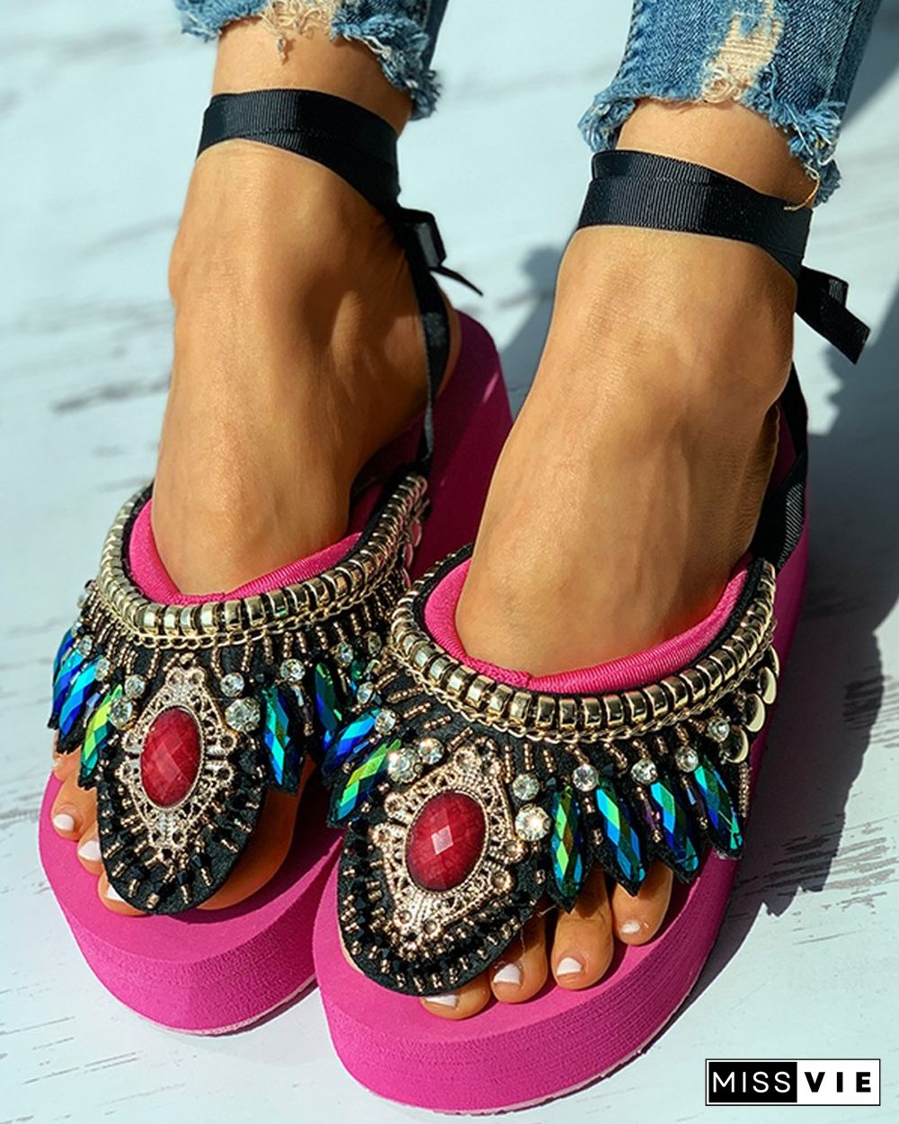 Studded Rhinestone Toe Post Wedge Sandals