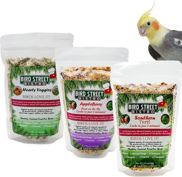 Bird Street Bistro Cockatiel Bird Food Sample Pack， 11-oz bag， 1 count and 12-oz bag， 2 count