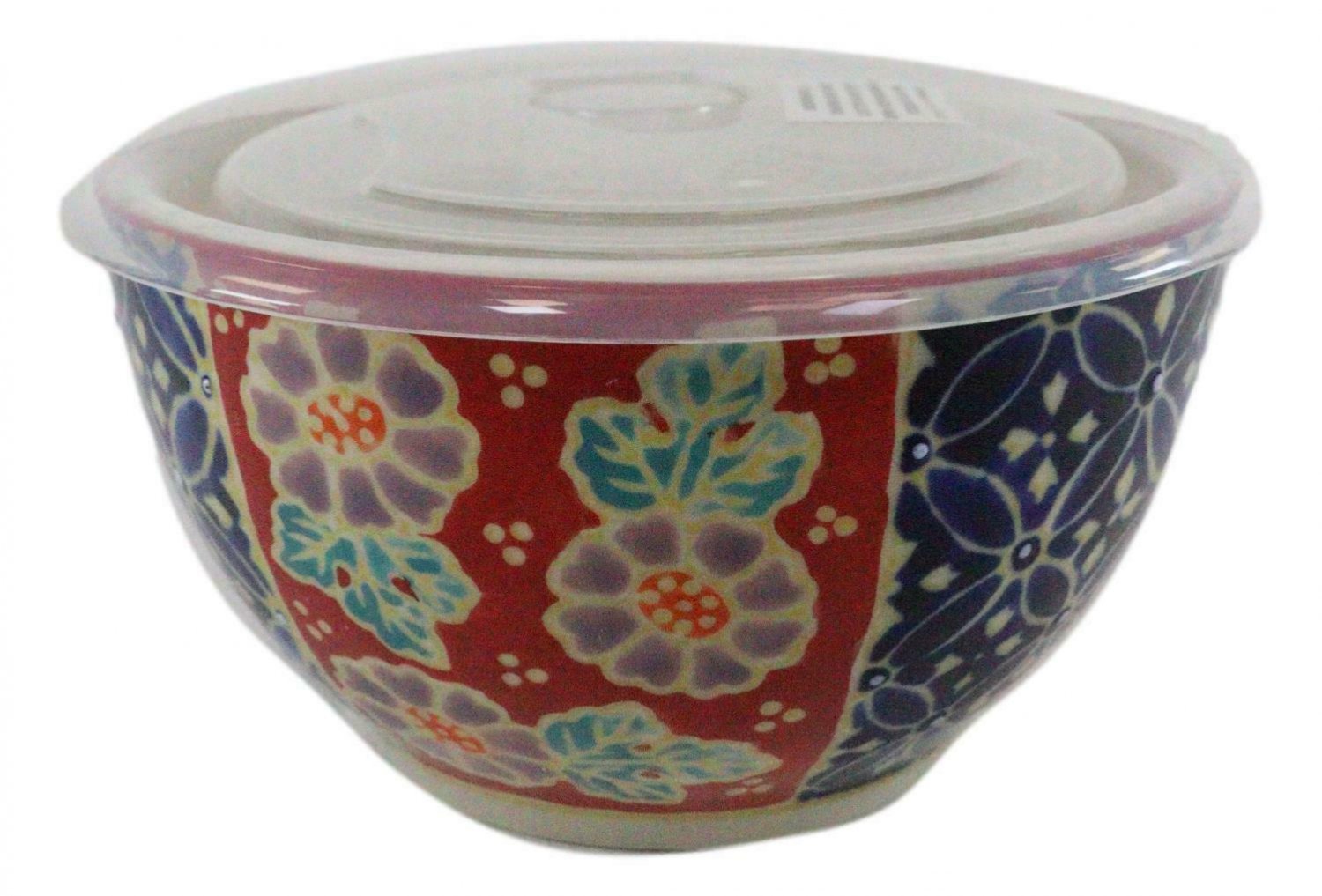 1 Set of 2 Ceramic Blue Red Floral Patterns Portion Meal Bowls 3 Cups W/ Lid EBR02