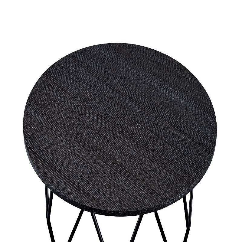 Industrial Round Top Wooden Coffee Table with Geometric Base， Black