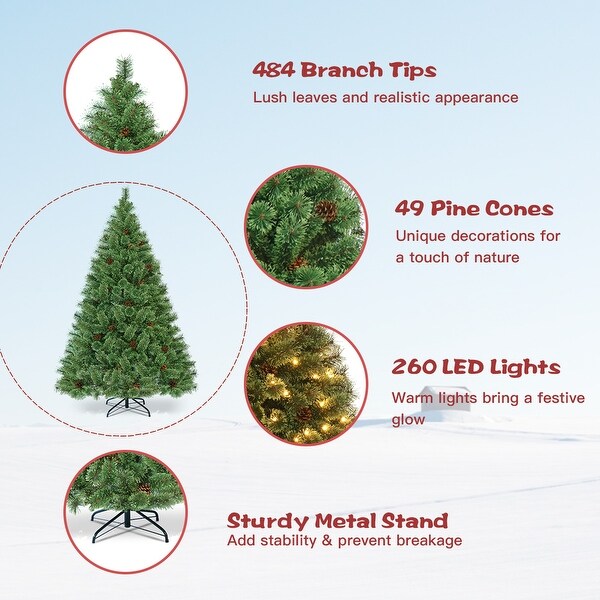 Costway 6Ft PreLit PVC Artificial Carolina Pine Tree Flocked Cones