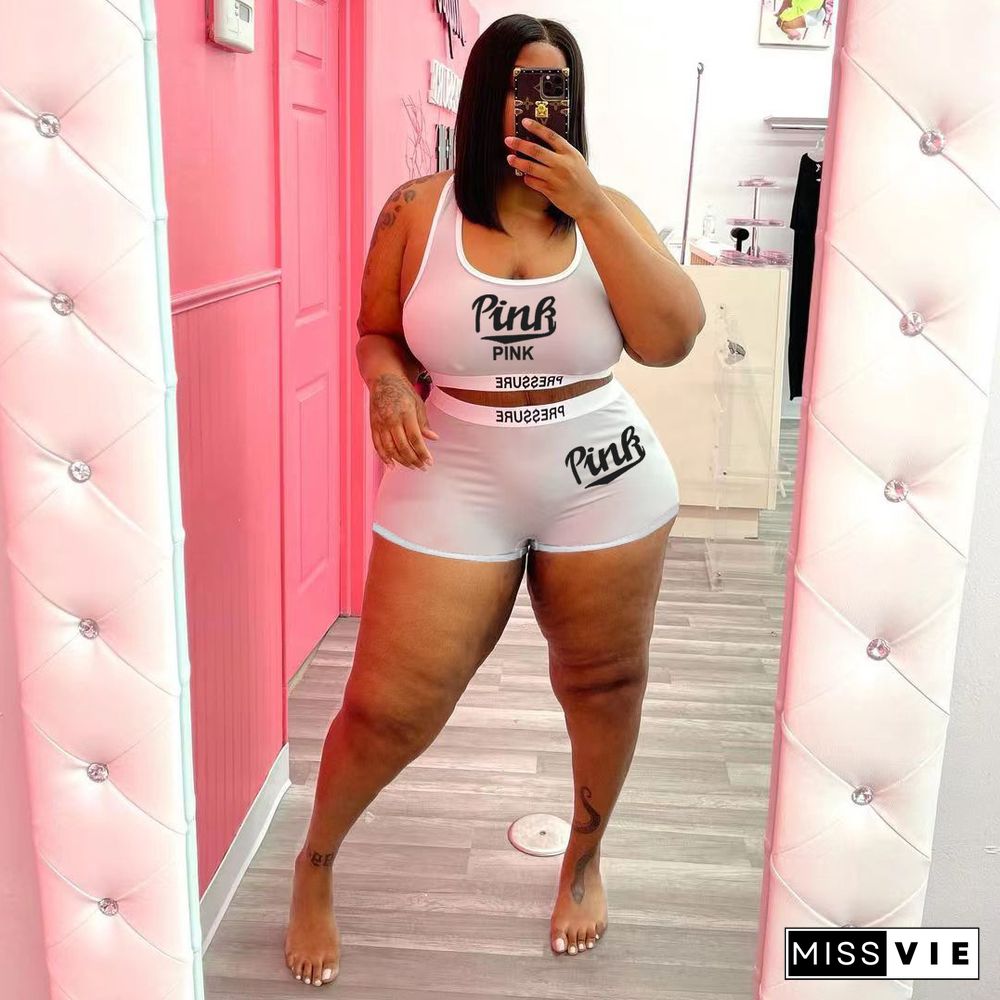 PINK Print Sporty Shorts Suits Plus Size 5XL