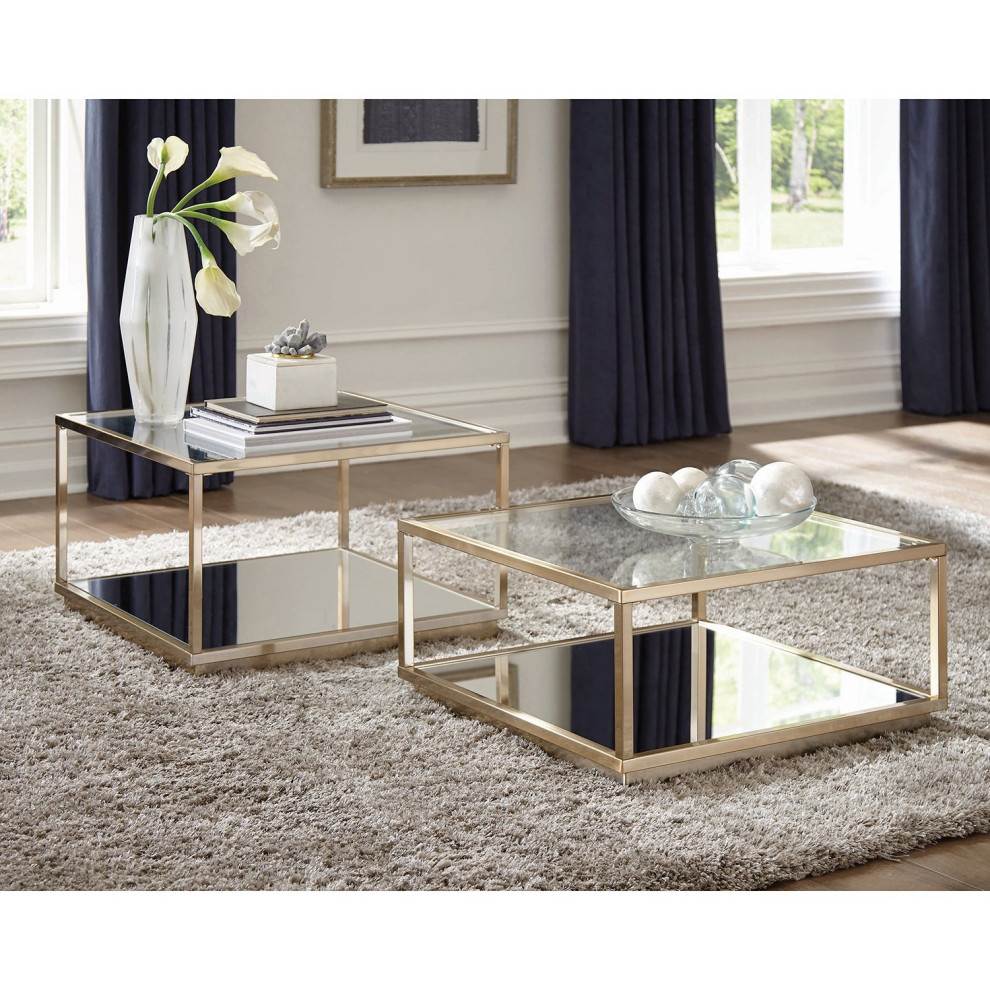 Set of 2  Coffee Table  Elegant Design With Rose Brass Frame With Mirrored Shelf   Contemporary   Coffee Table Sets   by Declusia  Houzz