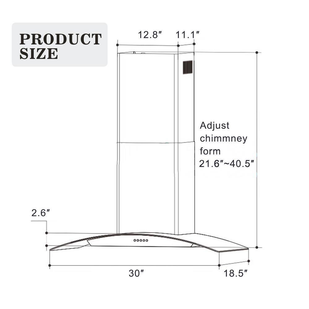 Edendirect 30 in Silver Wall Mounted Range Hood Ducted 700CFM Tempered Glass Touch Panel Control Vented LEDs with light