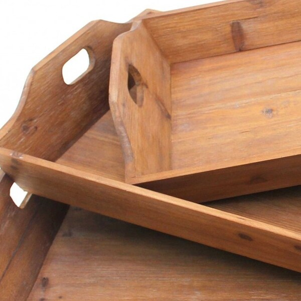 16.5 x 24.25 x 3.75 Brown Country Cottage Wooden - Serving Tray 3pcs - 16.5 x 24.25 x 3.75