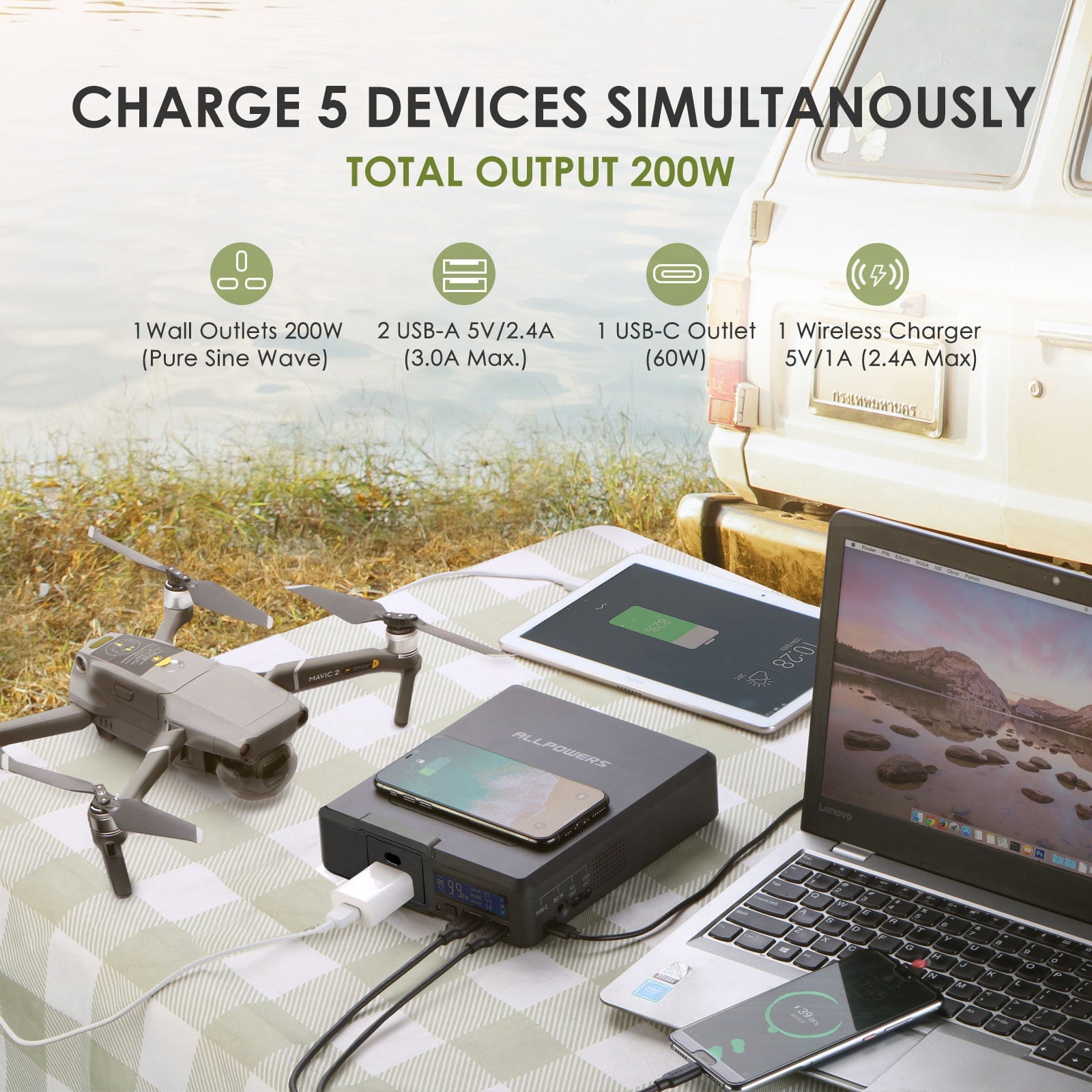 ALLPOWERS 200W 154Wh Portable Power Station with Foldable Solar Panel Kit, Wireless Charging, Solar Generator Battery Charger Power Bank for Phone, Laptop, Pad, Camera, Drone