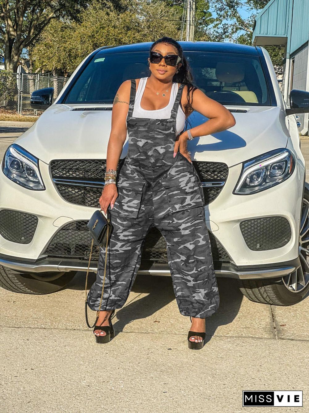 Camo Print Loose Baggy Sleeveless Cargo Jumpsuits