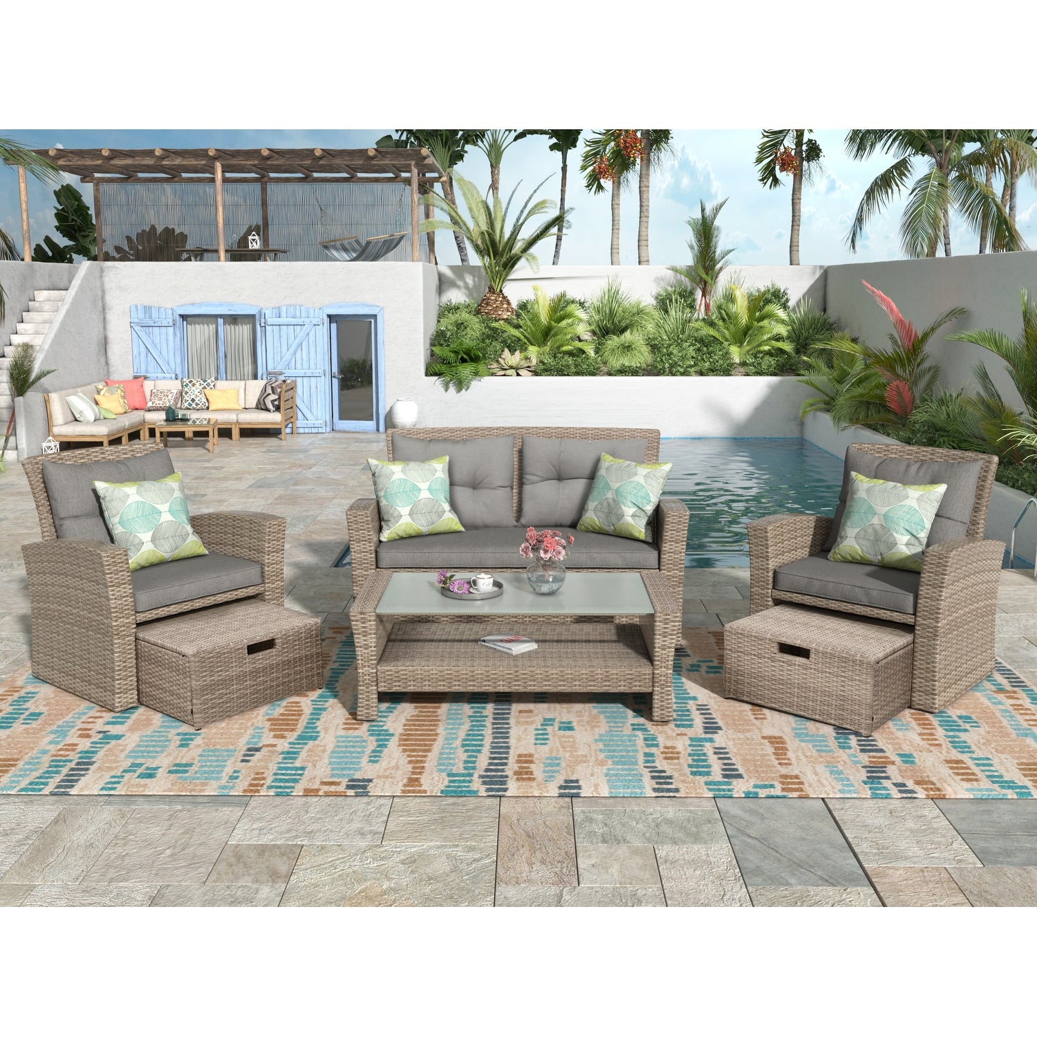 4-Pieces Outdoor Garden Sectional Furniture Set for 4-6， Rattan Sofa Set with Tempered Glass Coffee Table， Ottoman and Cushions - Overstock - 37476155