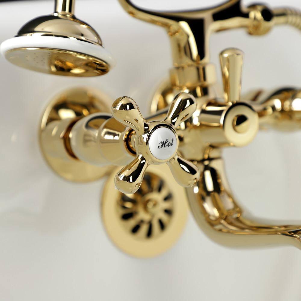 Kingston Brass Kingston 2-Handle Wall-Mount Clawfoot Tub Faucets with Handshower in Polished Brass HKS225PB