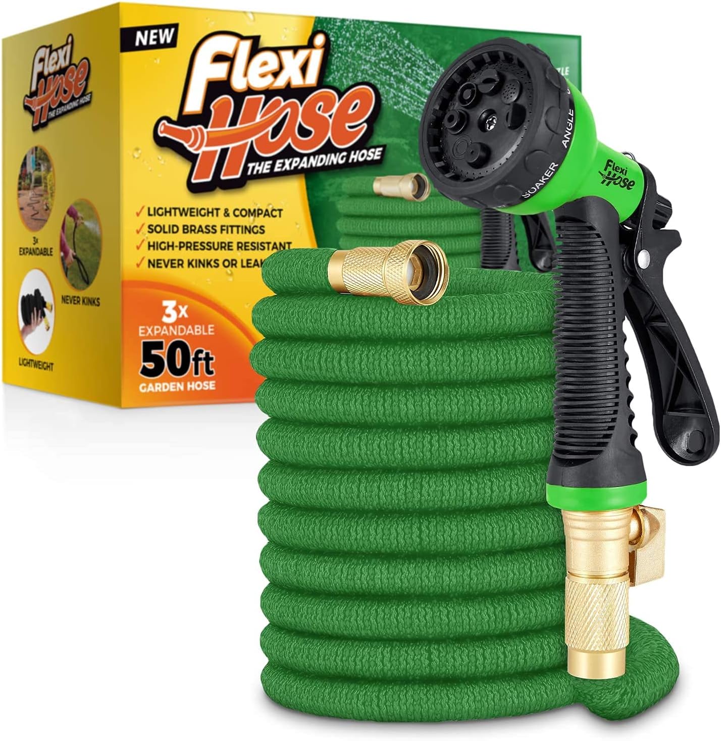 Flexi Hose with 8 Function Nozzle Expandable Garden Hose, Lightweight & No-Kink Flexible Garden Hose, 3/4 inch Solid Brass Fittings and Double Latex Core, 50 ft Blue Black