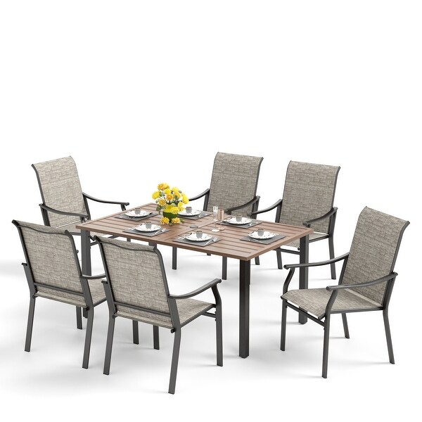 MAISON ARTS Patio Dining Set 7 Pieces with 1 Rectangle Teak Color Table and 6 Textilene Fabric Padded Armchairs