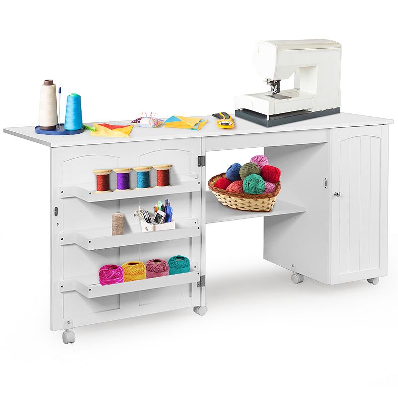 Folding Sewing Table Shelves Storage Cabinet Craft Cart with Wheels